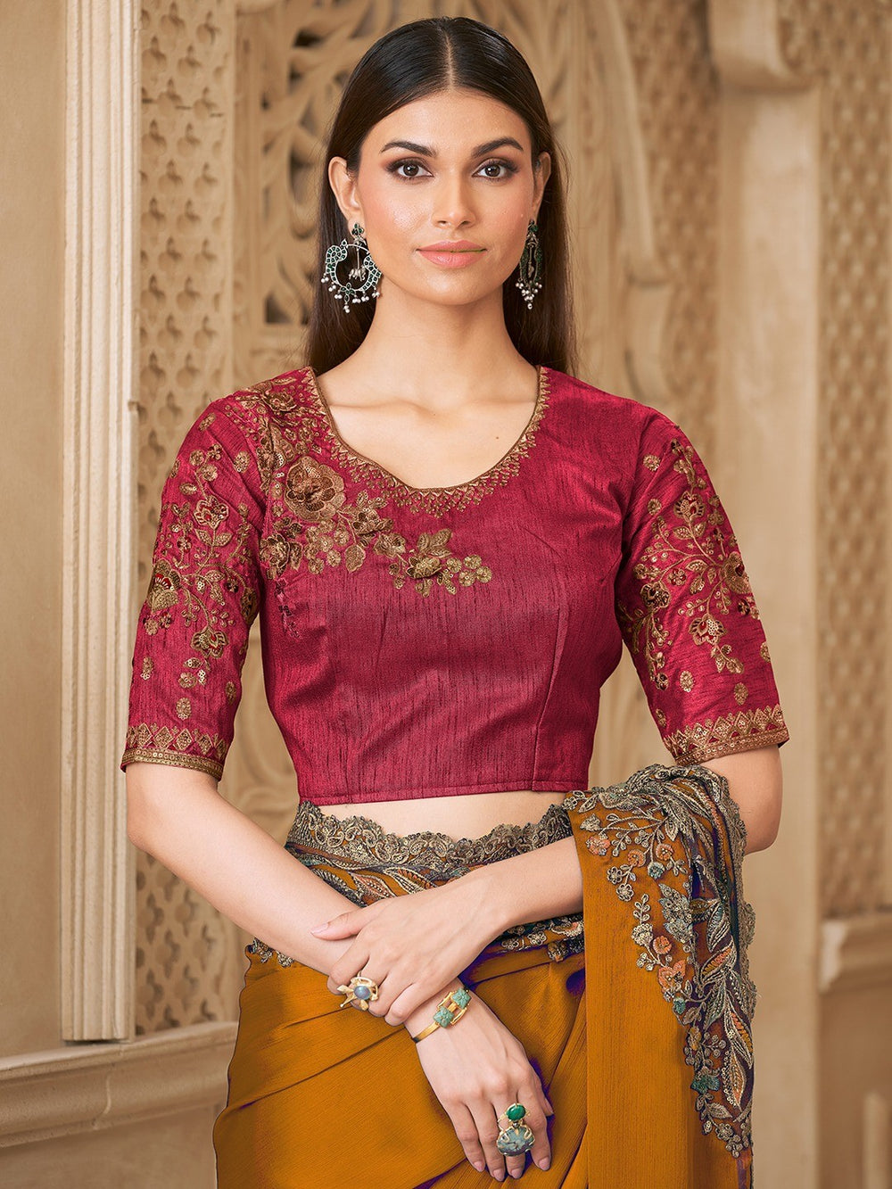 Mustard Pure Soft Satin Elegant Embroidered Work Satin Saree