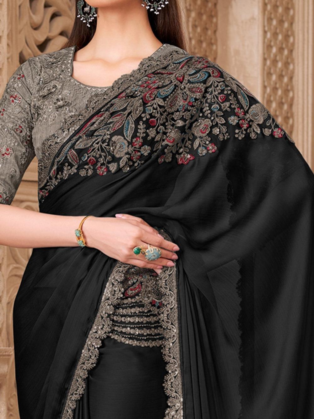 Black Pure Soft Satin Elegant Embroidered Work Satin Saree