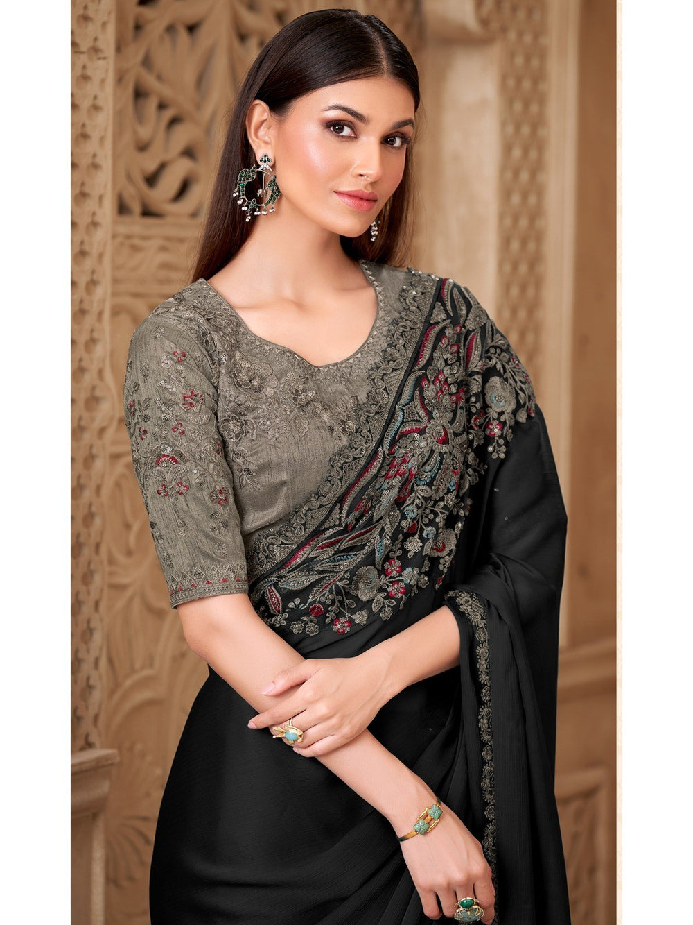 Black Pure Soft Satin Elegant Embroidered Work Satin Saree