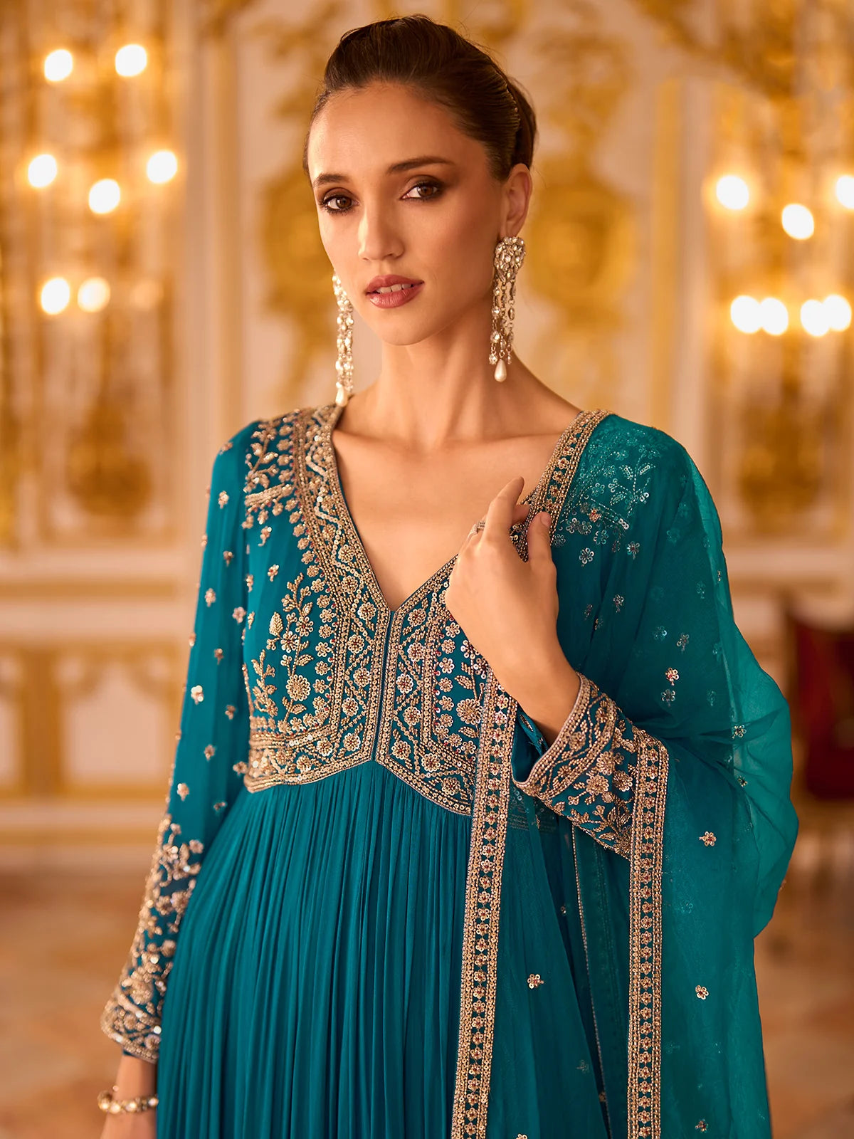 Teal Blue Heavy Embroidered Georgette Anarkali Gown with Dupatta