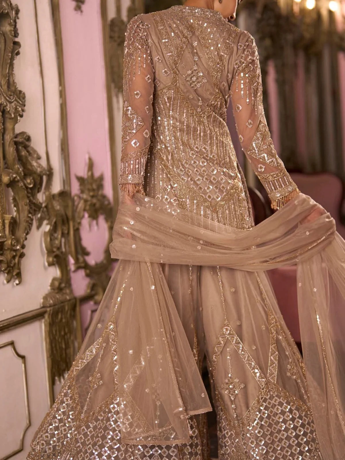 Taupe Beige Heavy Embroidered Net Palazzo Suit Set with Dupatta