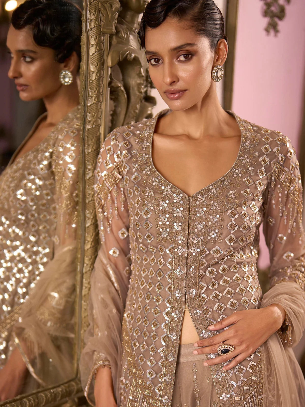 Taupe Beige Heavy Embroidered Net Palazzo Suit Set with Dupatta
