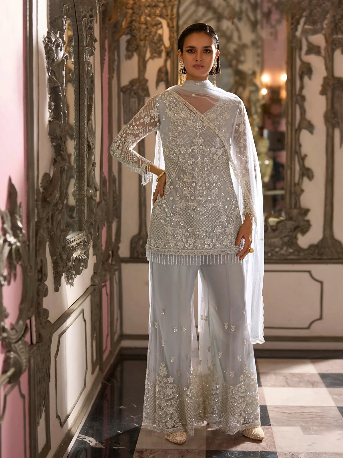 Blue Heavy Embroidered Net Palazzo Suit Set with Dupatta