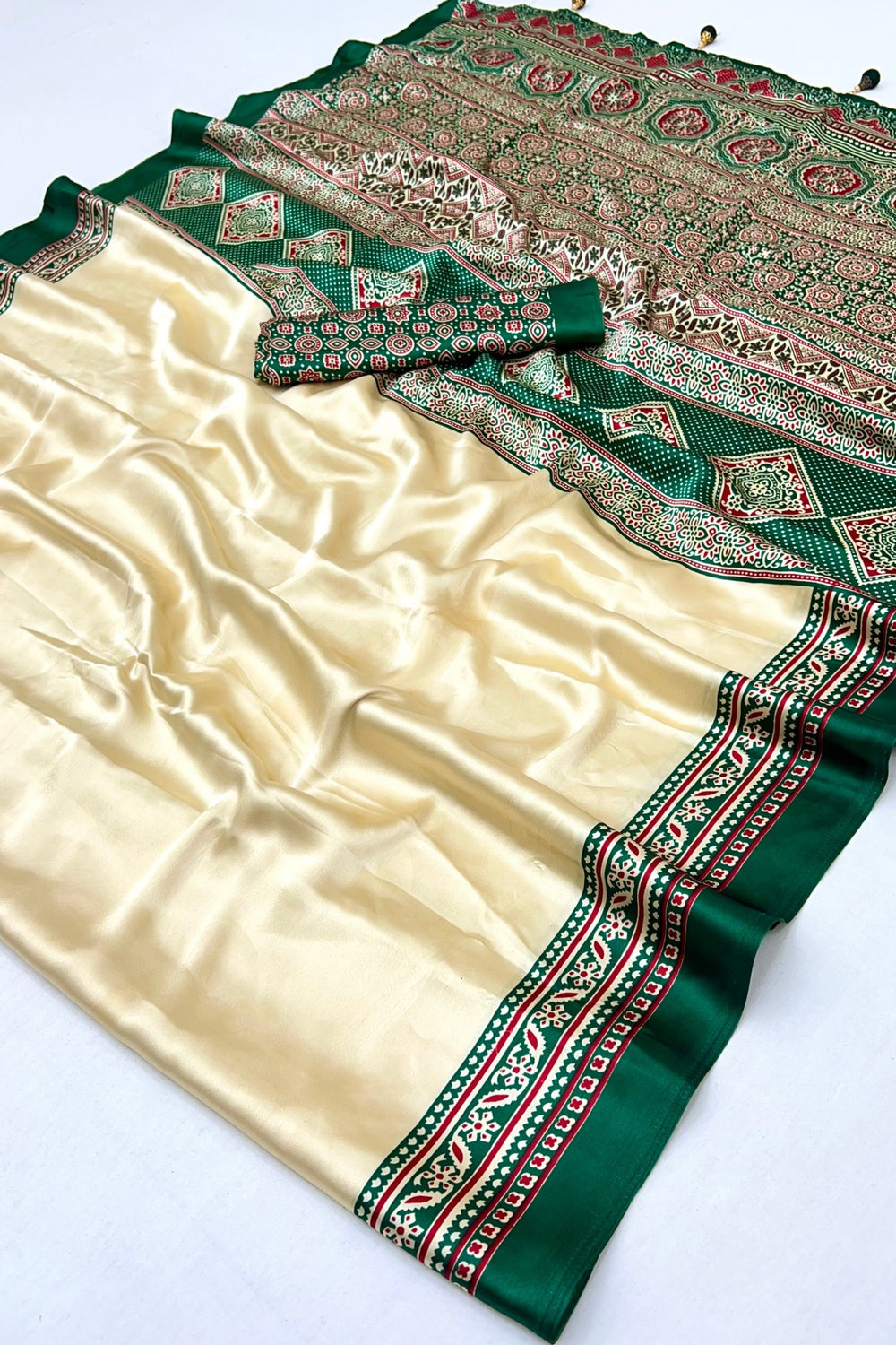 Cream and Green Pure Soft Modal Satin Ajrakh Print Satin Saree Japan Satin Saree Anant Tex Exports Pvt.Ltd..