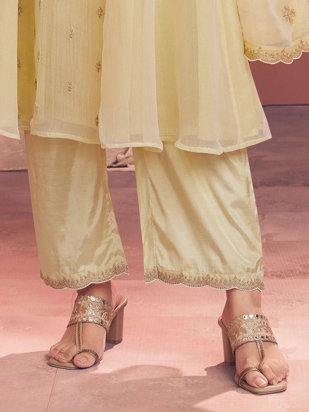 Pastel Yellow Tissue Embroidered A-Line Kurti Set with Dupatta