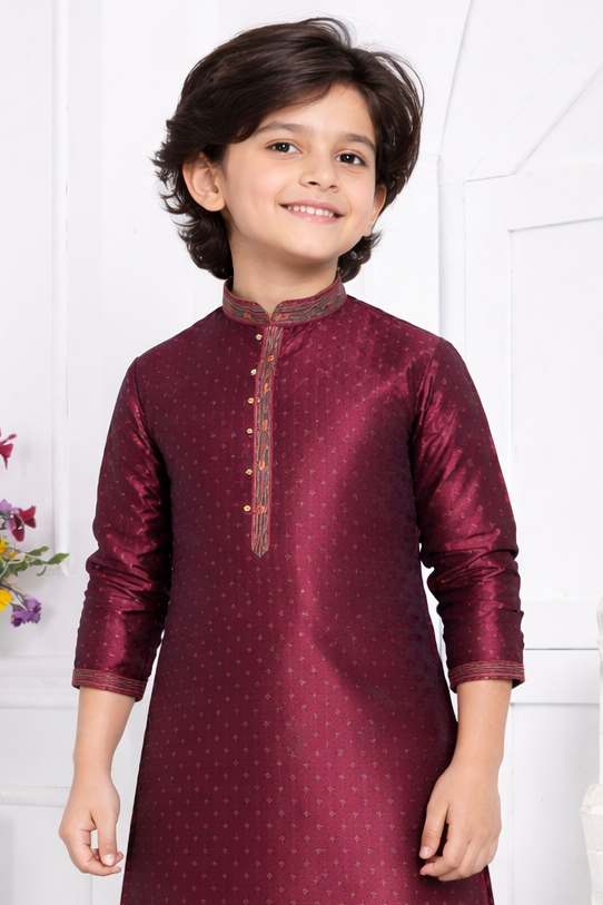 Maroon Jacquard Silk Straight Boys Kurta Set