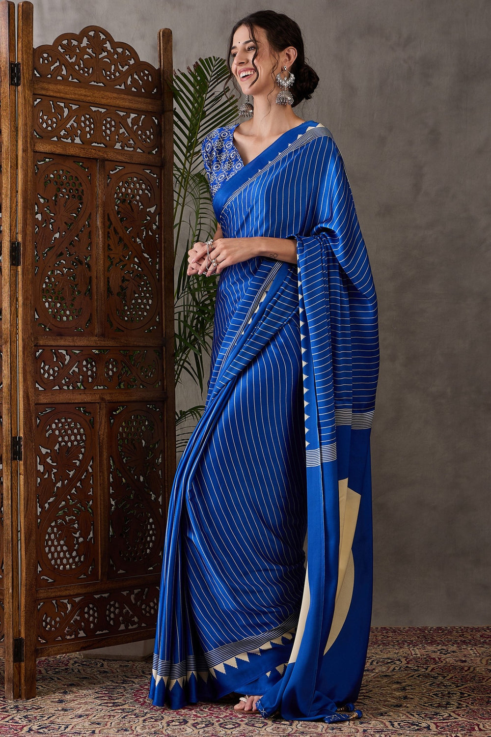 Blue Printed Satin Gaji Silk Saree