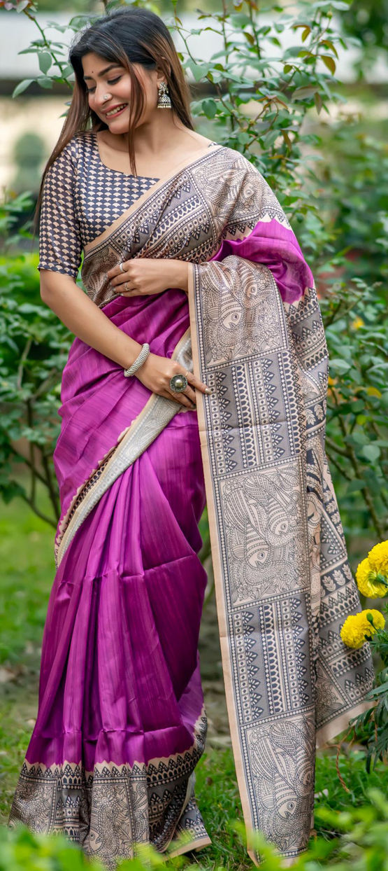 Purple Pure Soft Tussar Silk Madhubani Saree Tussar Saree Anant Tex Exports Pvt.Ltd..