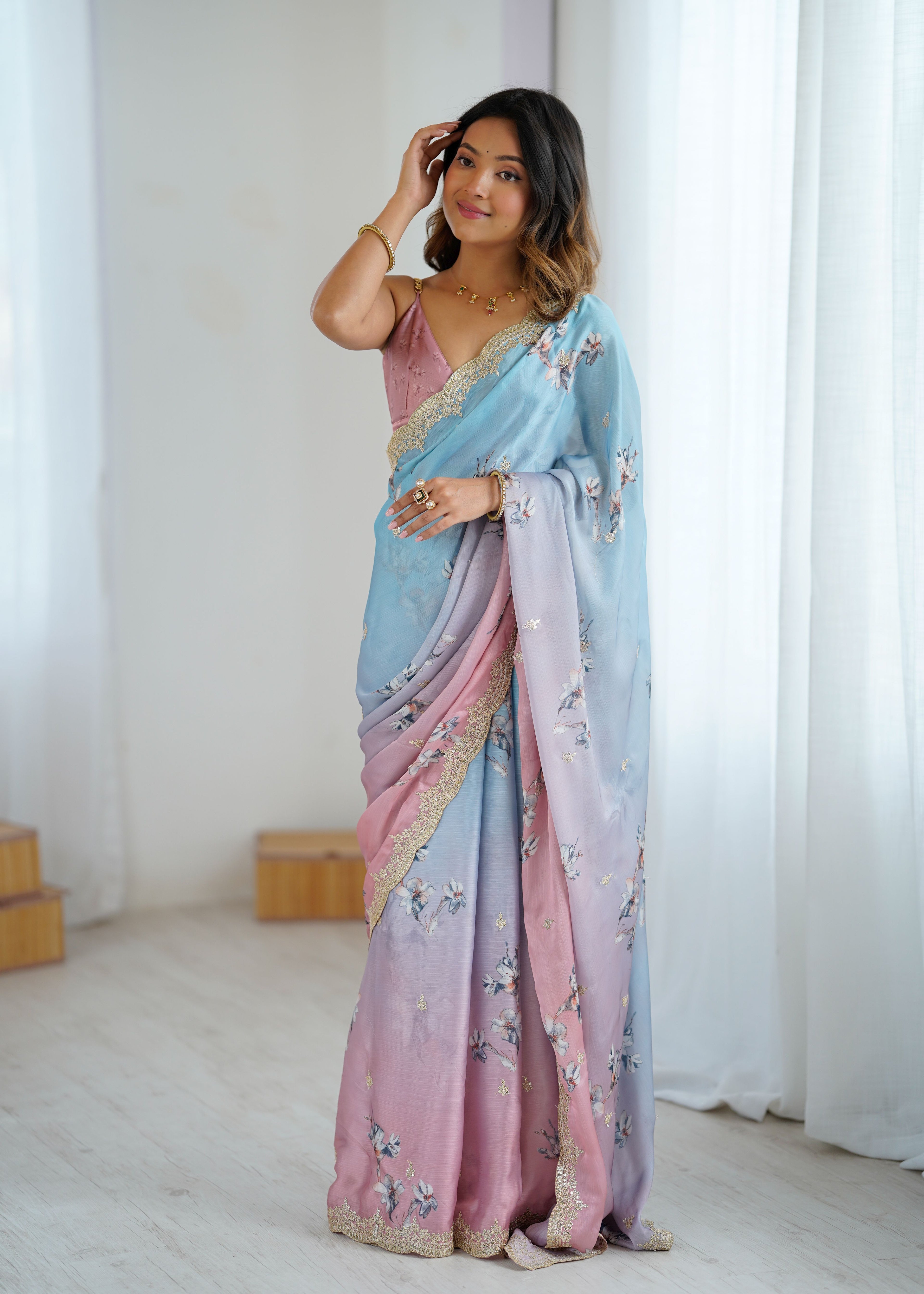 Aqua Pink Two Tone Satin Silk Sequins Embroidery Ready to Wear Saree