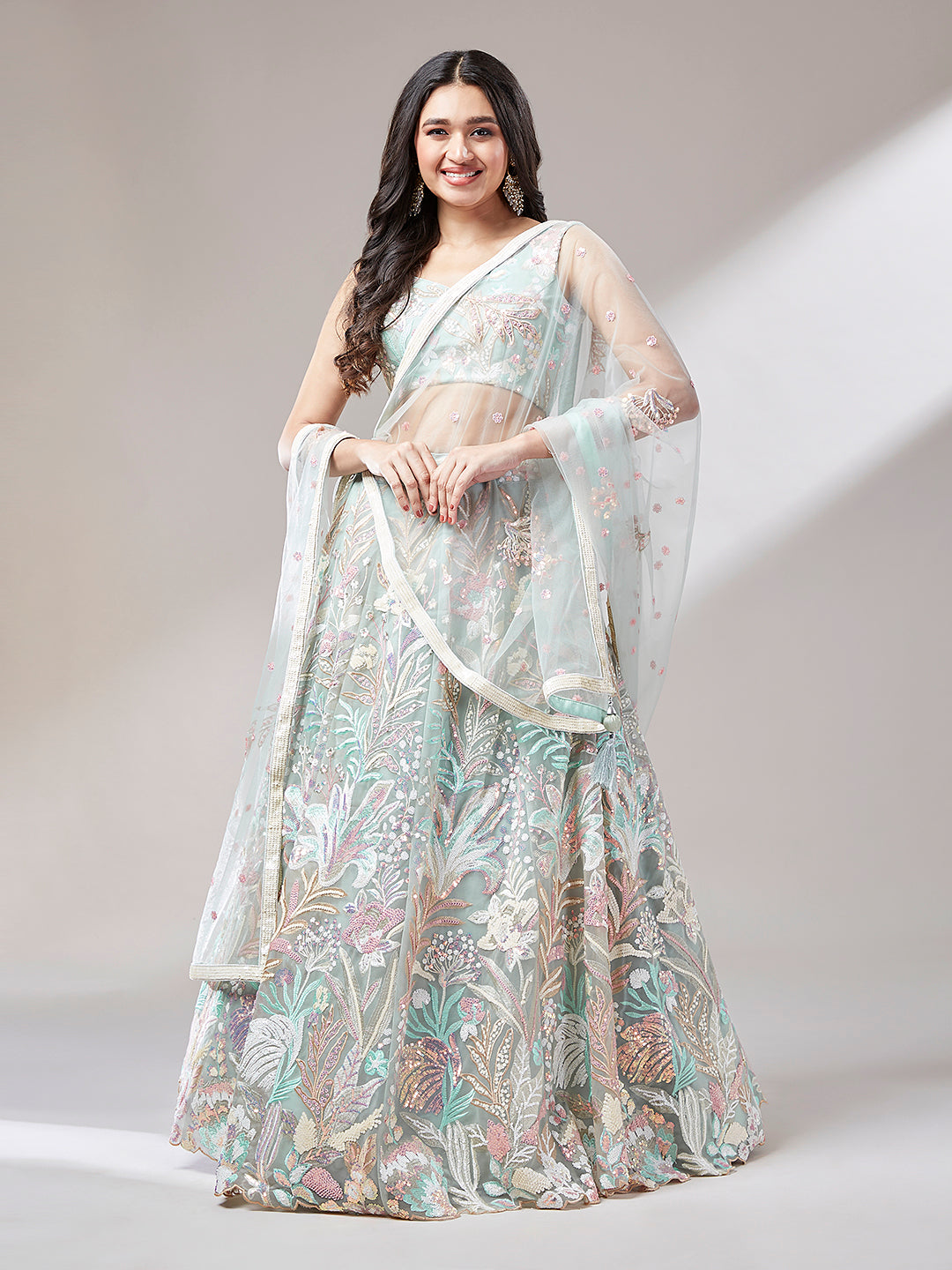 Lime green net lehenga choli with dupatta