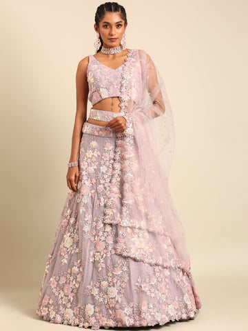 Mauve Net Floral Sequins Lehenga Choli with Heavy Zarkan Embroidery and Dupatta