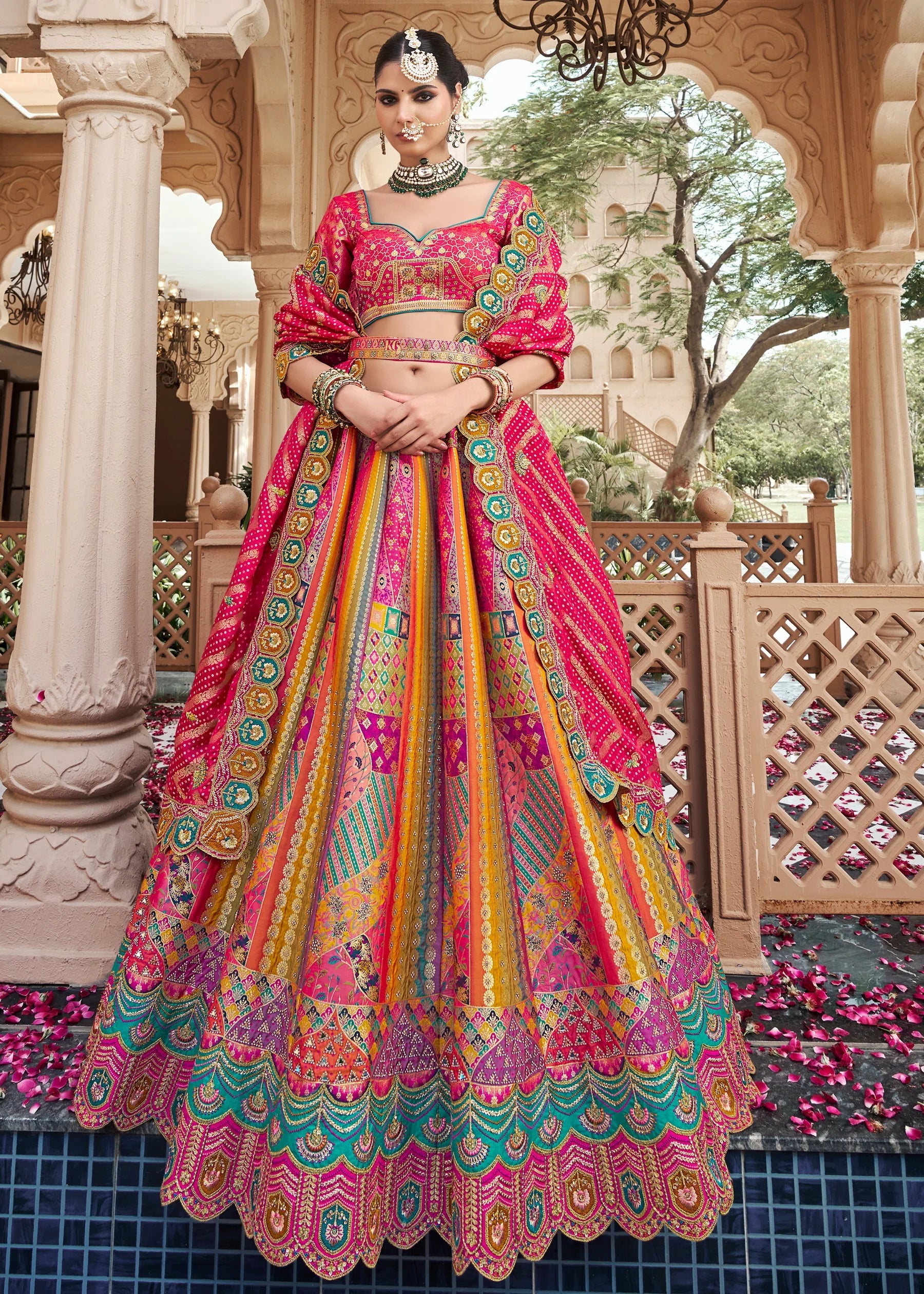 Rani Pink Multicolor Banarasi Silk Lehenga Choli with Zarkan Work