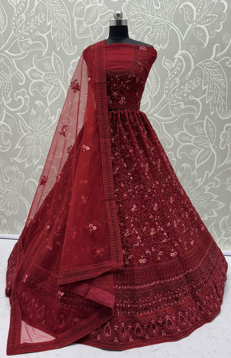 Red Pure Soft Heavy Net Sequins Embroidery Work Bridal Lehenga