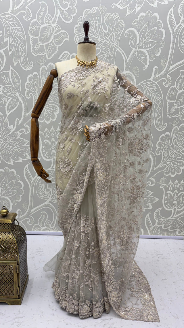 Beige Pure Premium Net Handwork Kasti & Motif Zari Metallic Sequins Work Wedding Saree