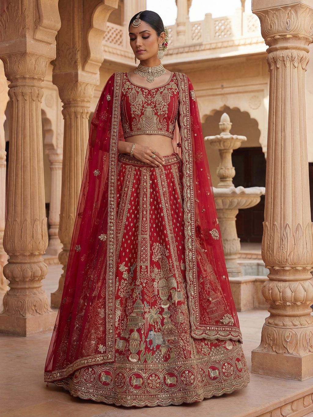 Red Pure Soft Gadwal Silk Heavy Embroidery Work Bridal Lehenga