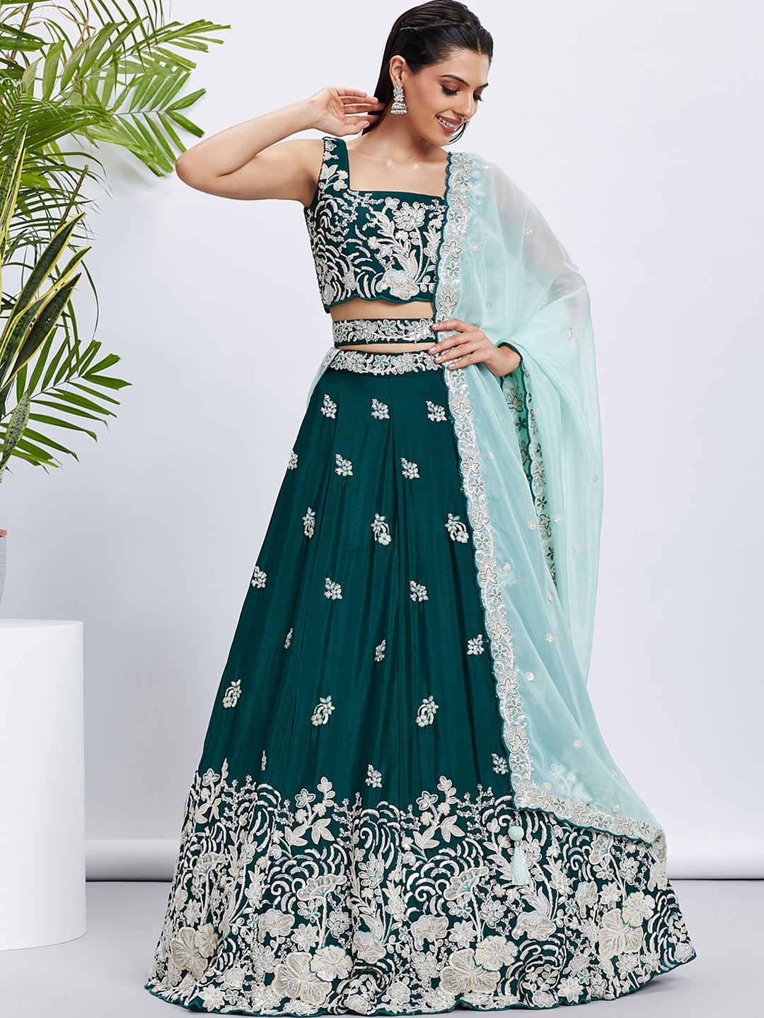 Green Georgette Sequins Thread Embroidery Lehenga Choli & Dupatta