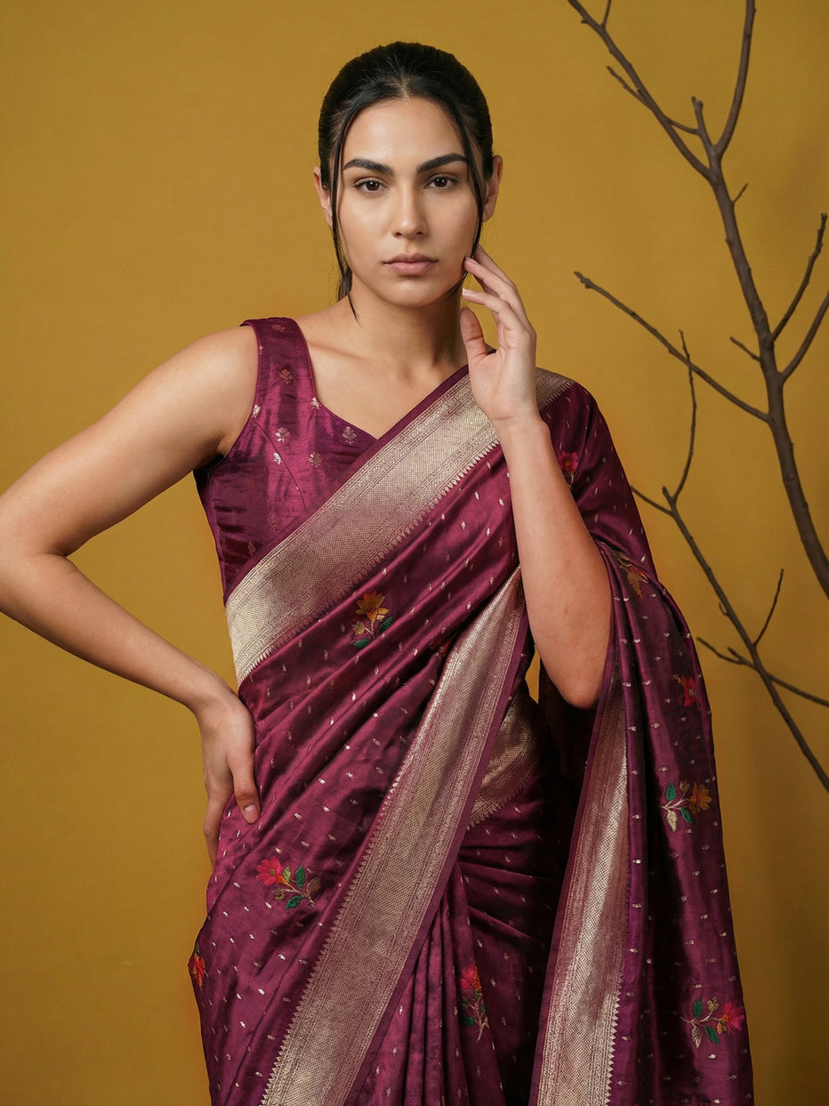 Purple Pure Organza Silk Meenakari Jamdani Zari Woven Organza Saree