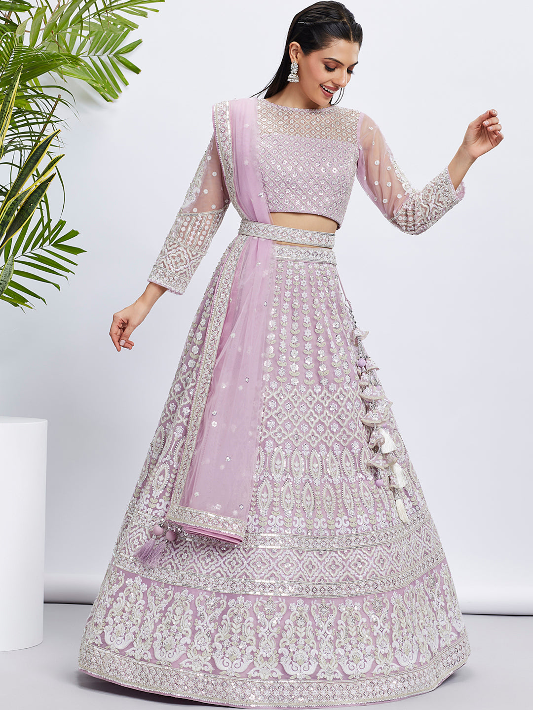 Lavender Net Sequins and Thread Embroidery Lehenga Choli & Dupatta