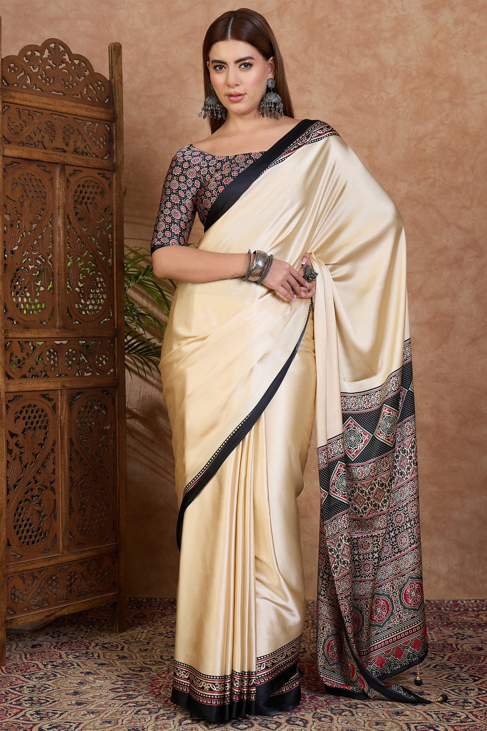 Bavarain Cream Pure Soft Modal Satin Ajrakh Print Satin Saree Japan Satin Saree Anant Tex Exports Pvt.Ltd..