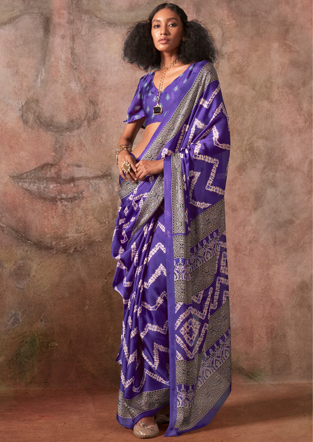 Purple Ajrakh Printed Satin Georgette Silk Saree
