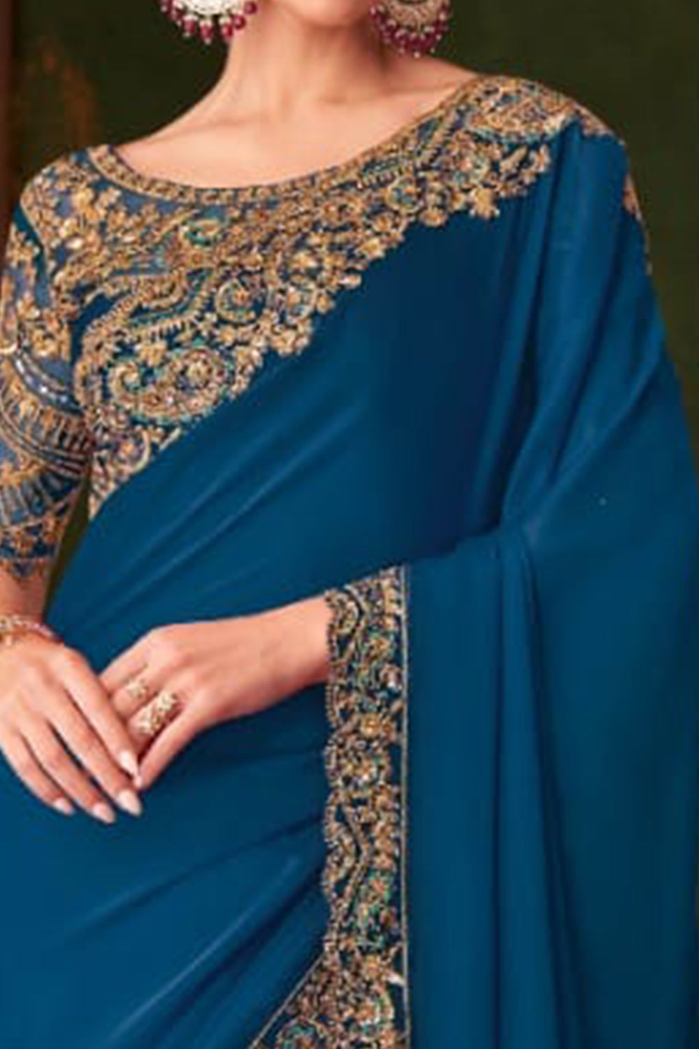 Blue Pure Georgette Satin Silk With Floral Sequins Saree