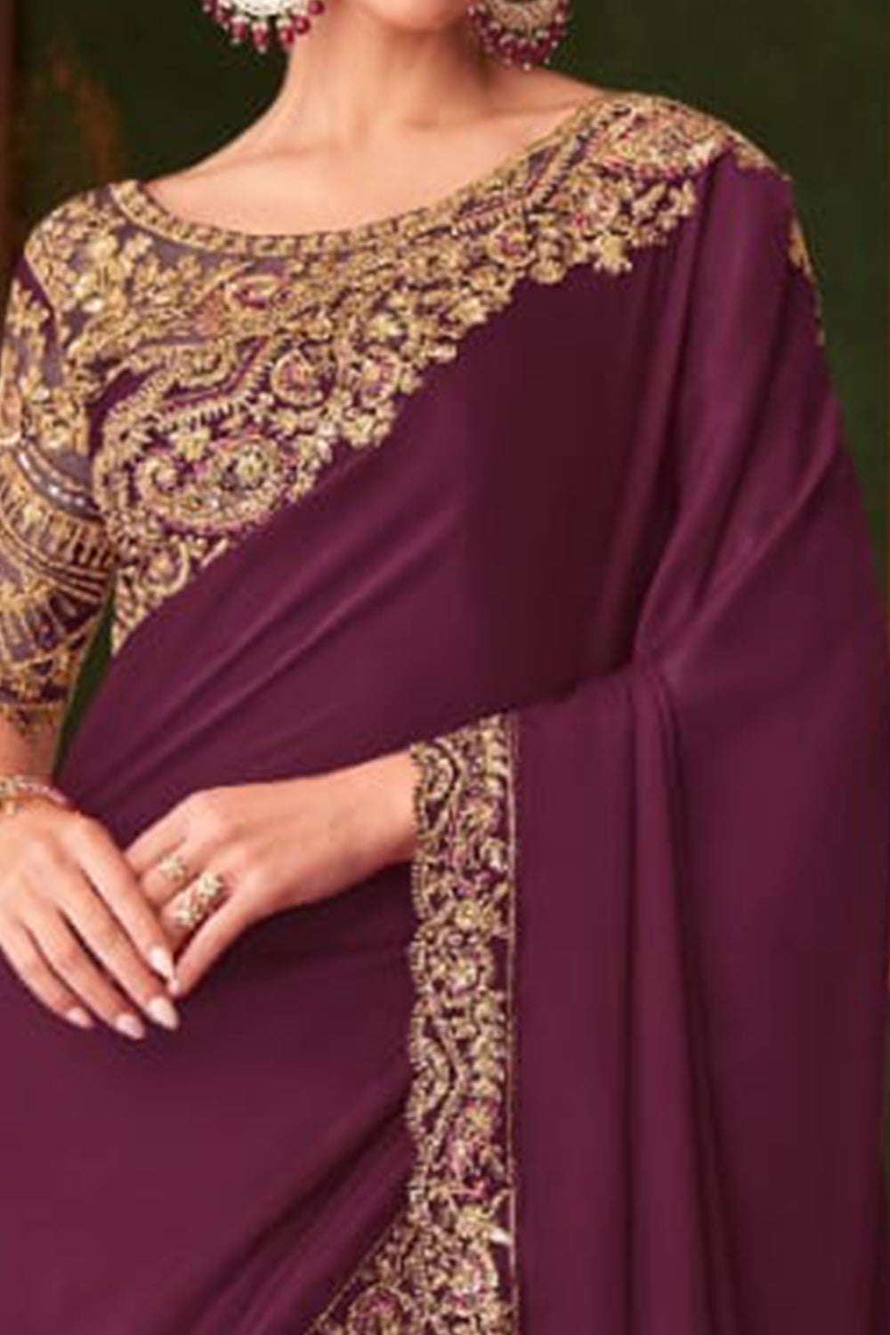Wine Pure Georgette Satin Silk With Floral Sequins Saree