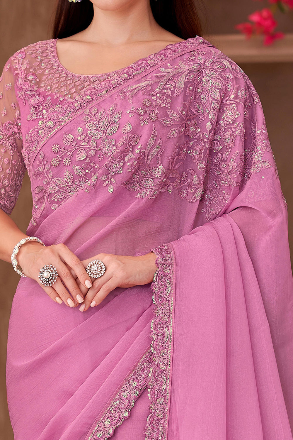 Pink Pure Georgette Chiffon With Embroidery Sequins Saree