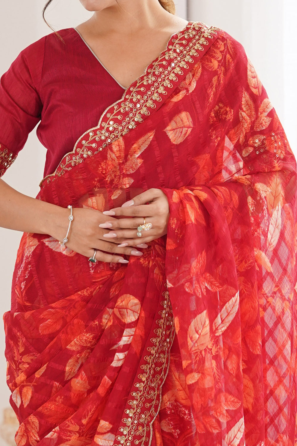 Red Pure Georgette Floral Print Sequins Saree