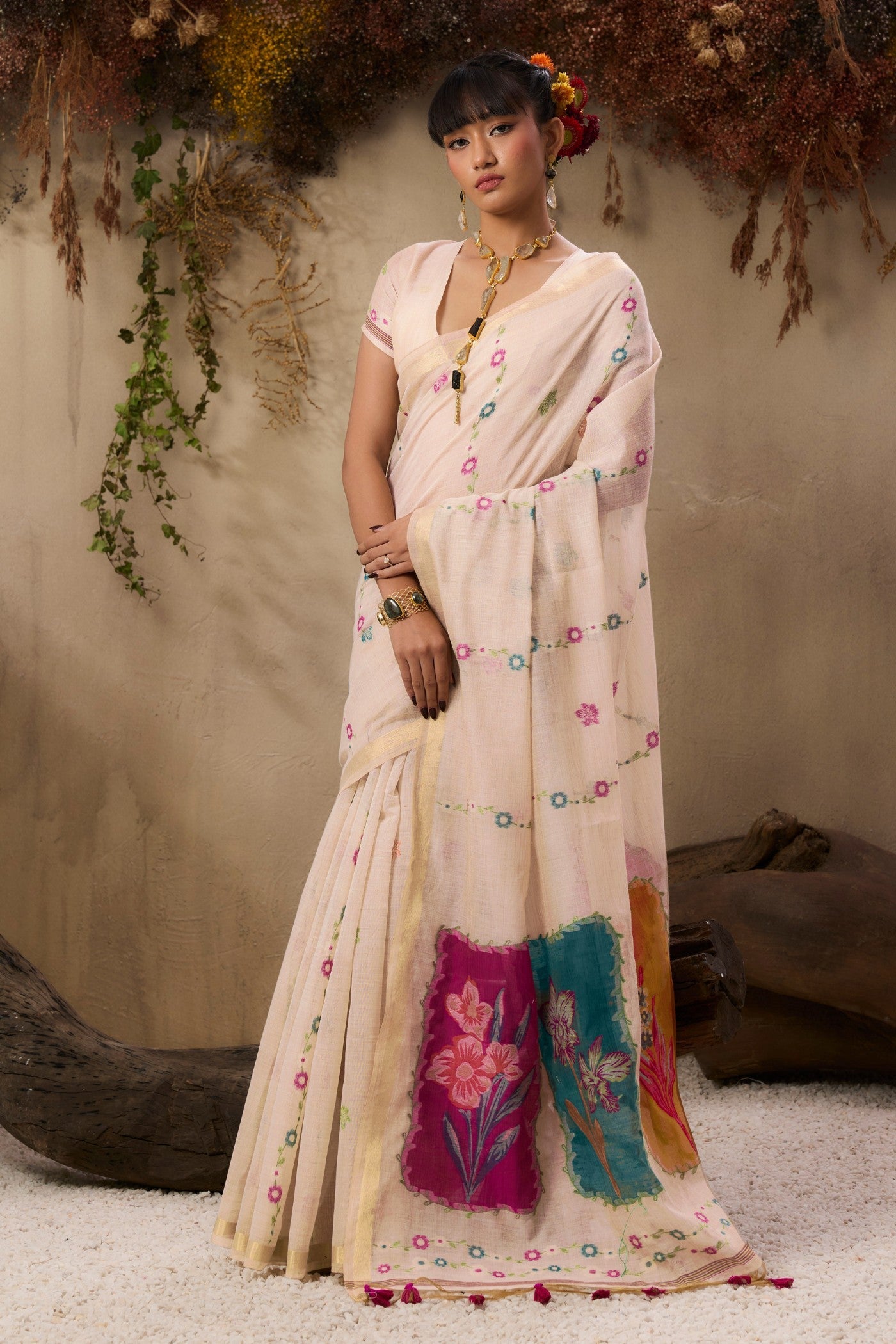 Cream Pure Soft Handloom Muga Cotton Saree
