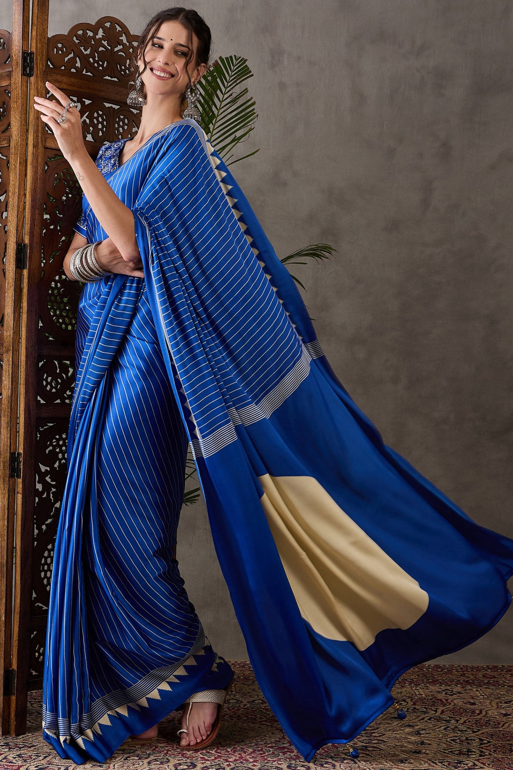 Blue Printed Satin Gaji Silk Saree