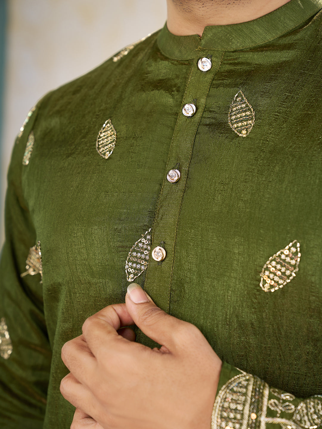Mehandi Pure Soft Georgette Cranchi Silk Heavy Embroidery Work Kurta Pajama Kurta Pajama Anant Tex Exports Pvt.Ltd..