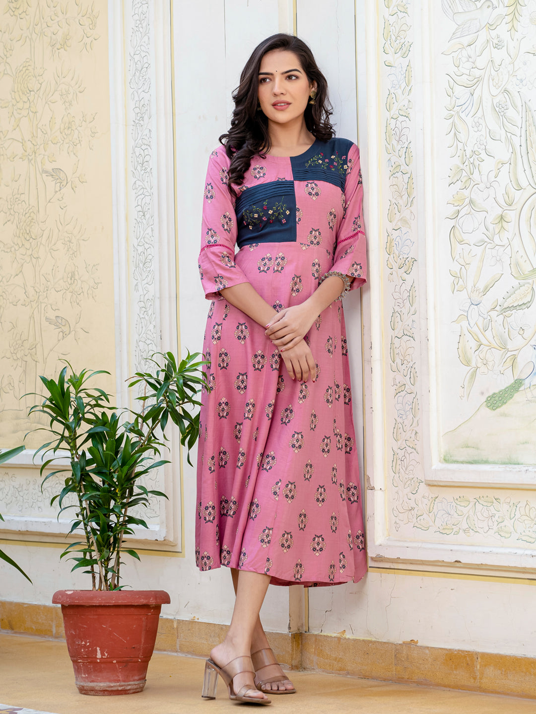 Wine Pure Soft Rayon Print With Embroidery Work Kurti
