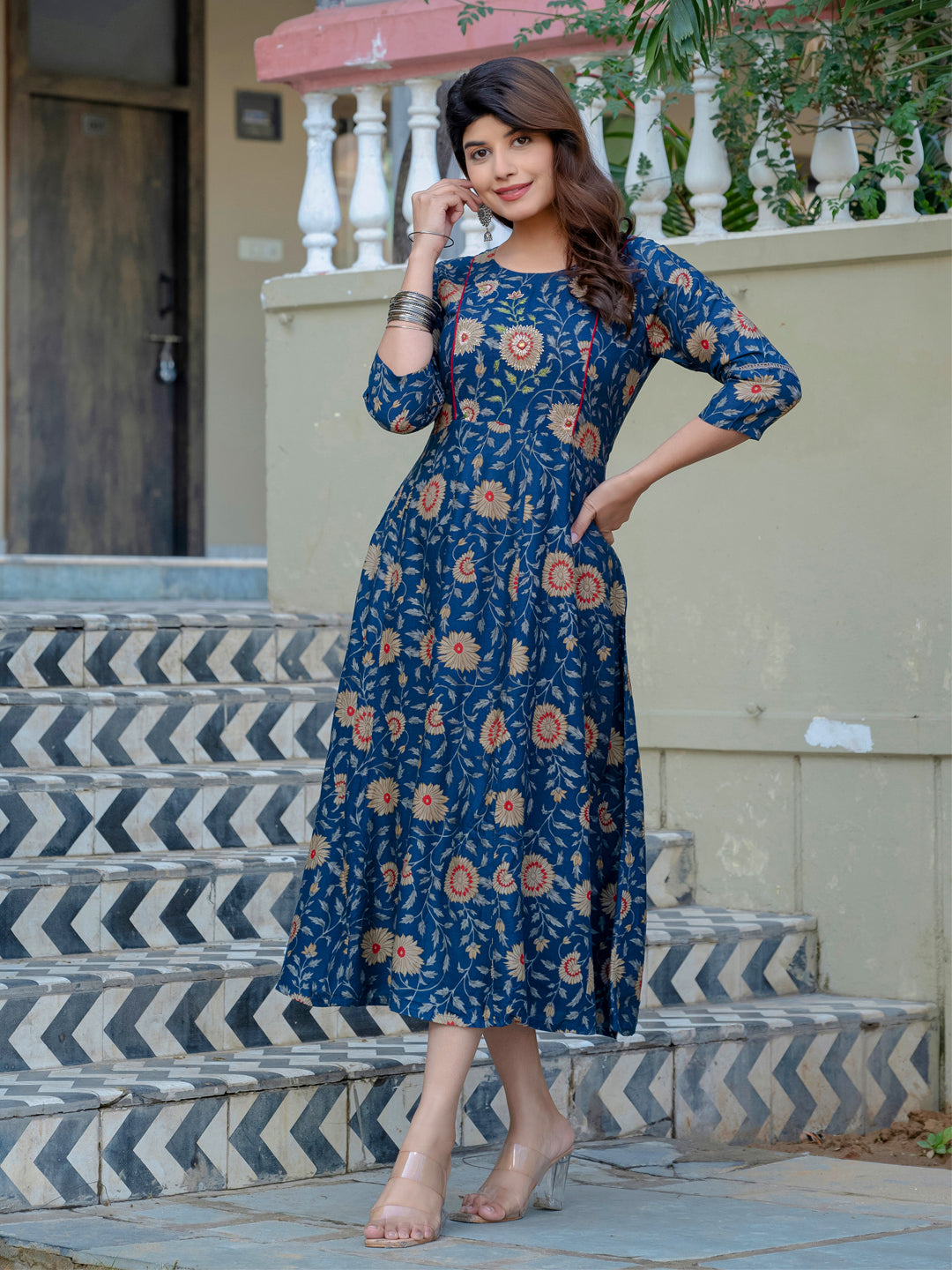 Navy Blue Pure Soft Rayon Print With Embroidery Work Kurti