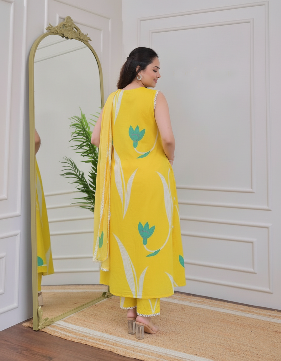 Yellow Pure Soft Reyon Cotton Blend Print Salwar Suit