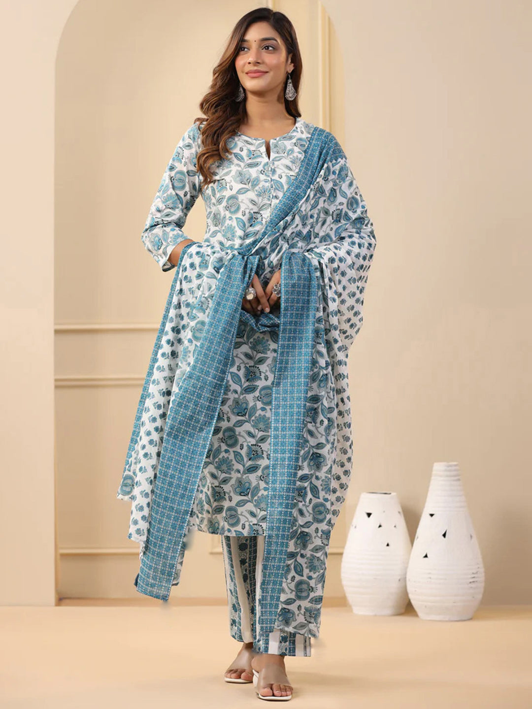 White Pure Soft Reyon Cotton Blend Print Salwar Suit