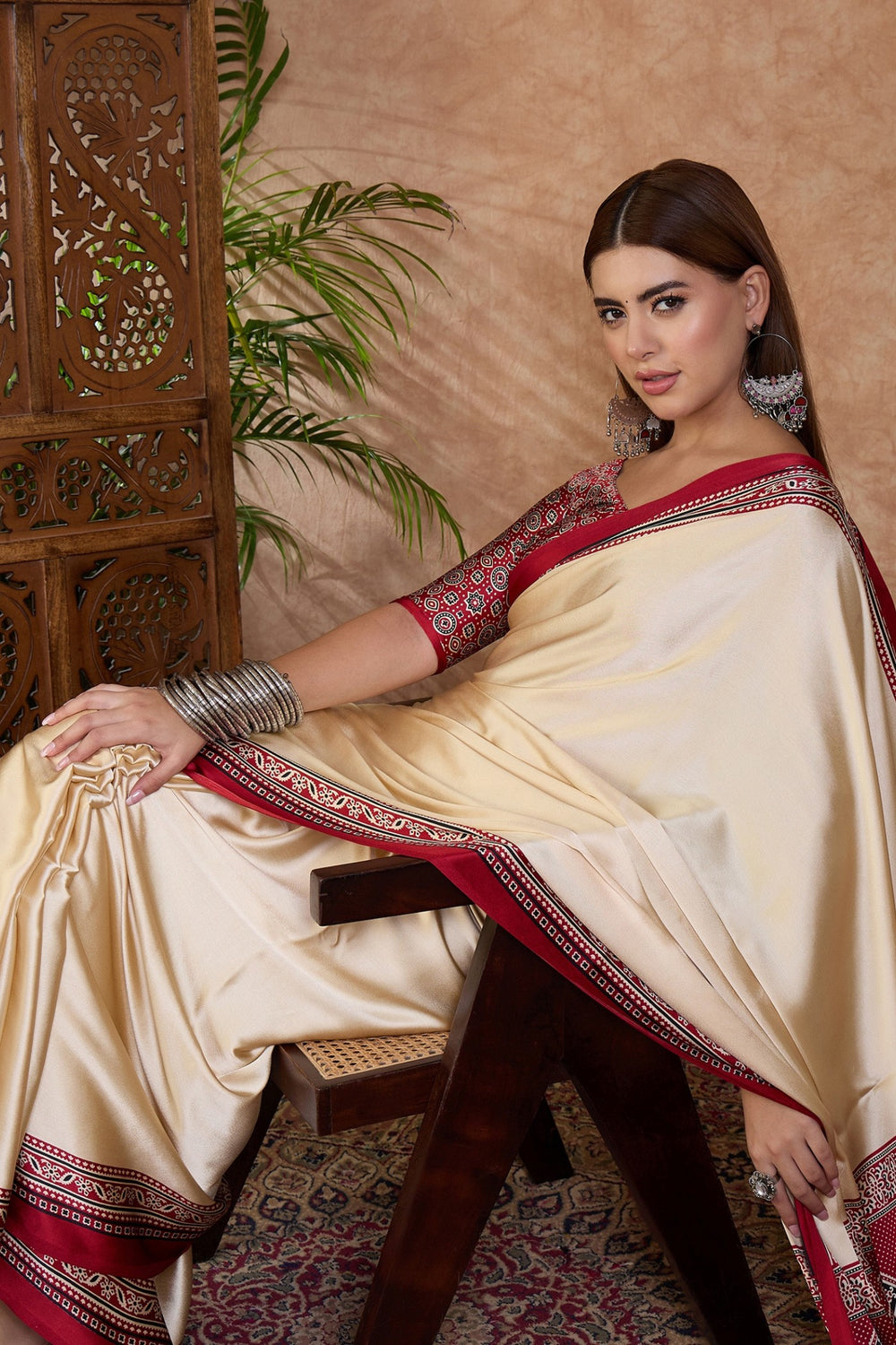 Cream and Red Pure Soft Modal Satin Ajrakh Print Satin Saree Japan Satin Saree Anant Tex Exports Pvt.Ltd..