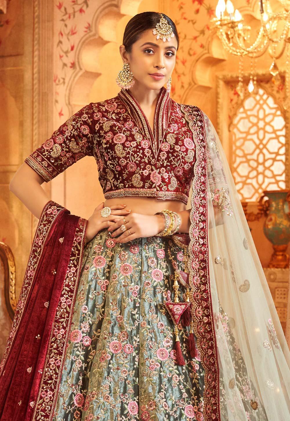 Beautiful Designer Bridal Velvet Pista Wedding Lehenga