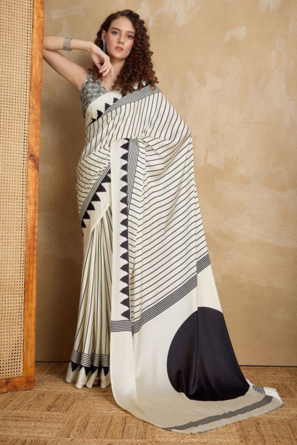 Zebra White Printed Satin Gaji Silk Saree