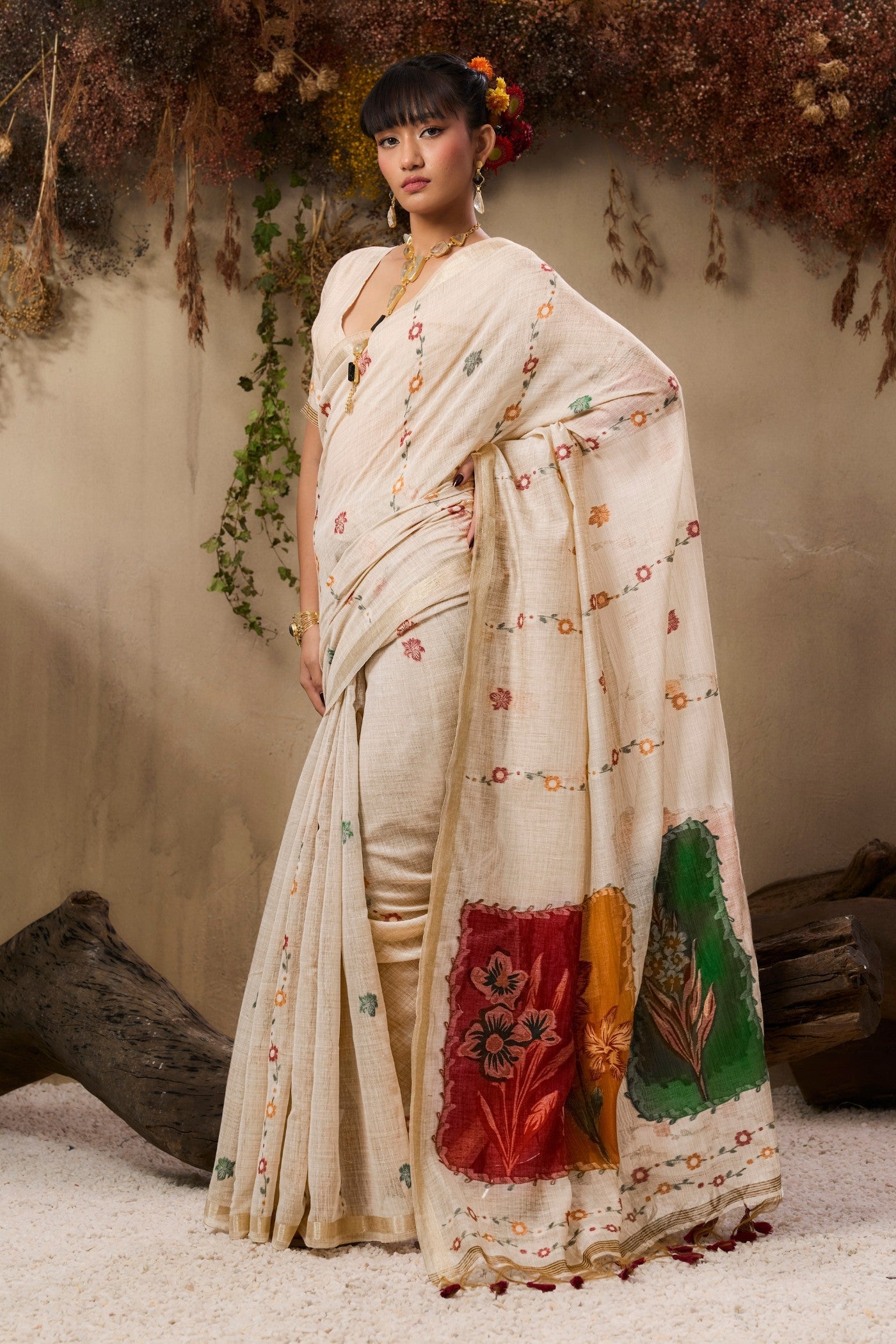 Milklace Cream Pure Soft Handloom Muga Cotton Saree