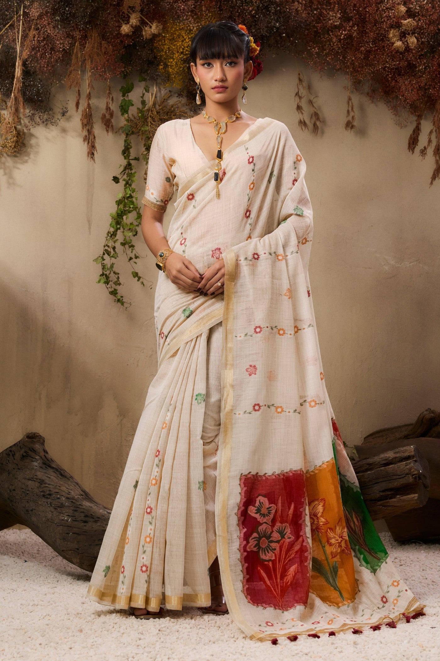 Milklace Cream Pure Soft Handloom Muga Cotton Saree