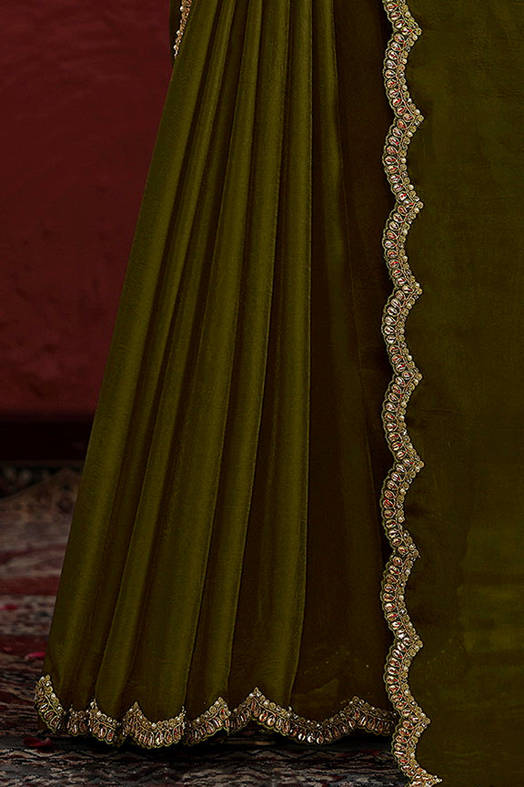 Green Pure Crepe Georgette Silk Handwork With Stiched Blouse Saree