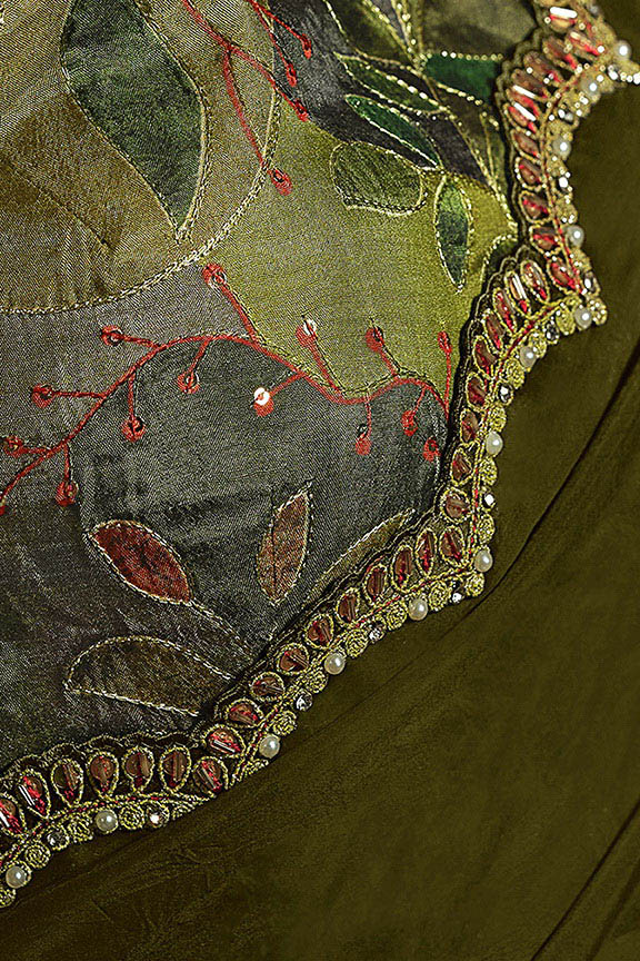 Green Pure Crepe Georgette Silk Handwork With Stiched Blouse Saree