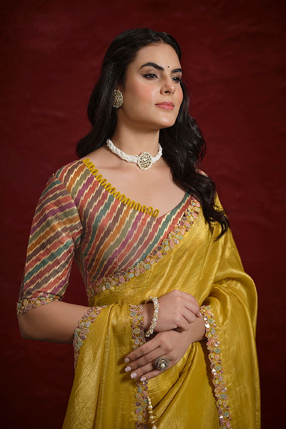 Mustard Crush Paper Silk Sequence with Handwork Saree