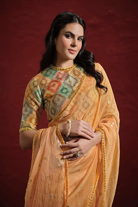 Orange Two Tone Jacquard Butti Tusser Pure Cut work Saree