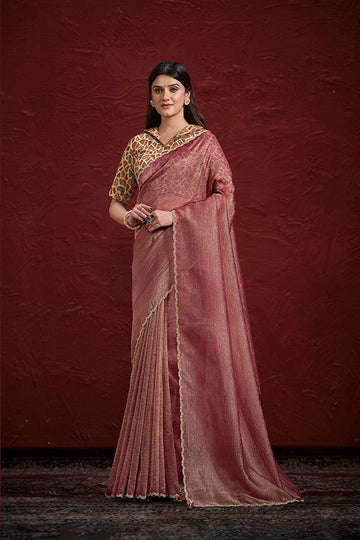 Light Maroon Pure Banarasi Jari pleat Stone with Handwork Saree