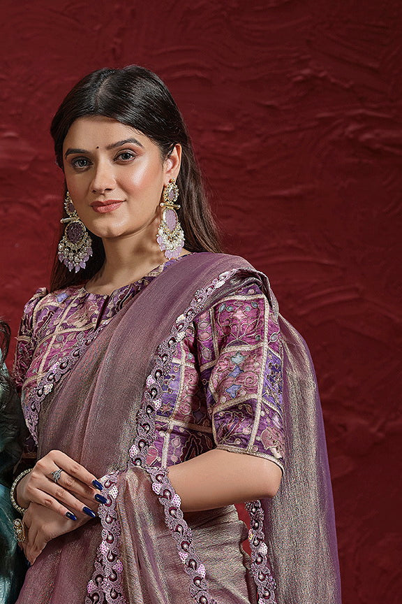 Purple Pure Banarasi Jari Crinkle Stiched Blouse Saree
