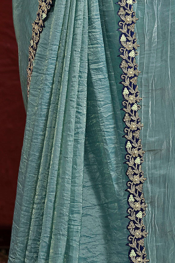 Sea Green Paper Silk Pleat Moti Handwork Saree