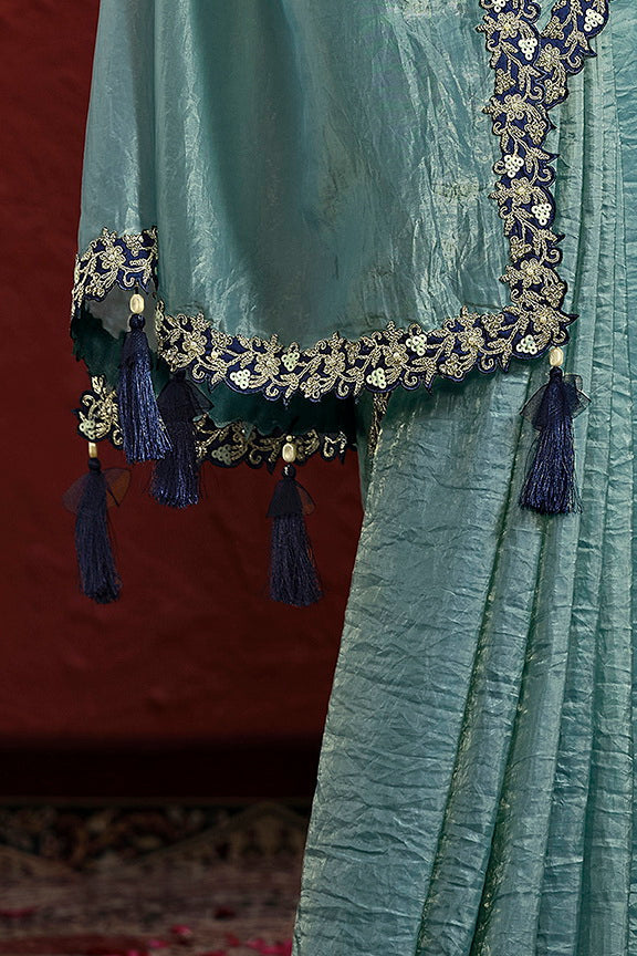 Sea Green Paper Silk Pleat Moti Handwork Saree
