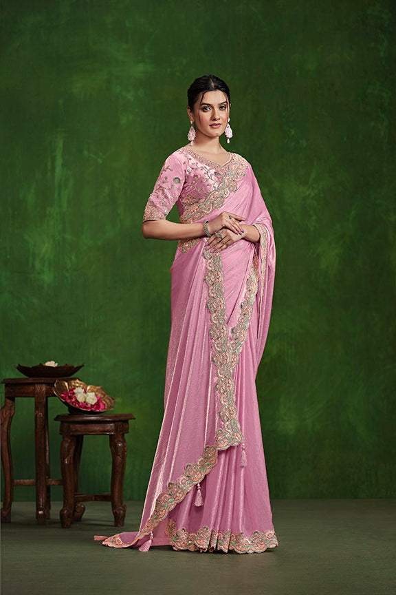 Pink Tone Satin Silk Dual Sequence with Diamond work Saree with Stitched Blouse