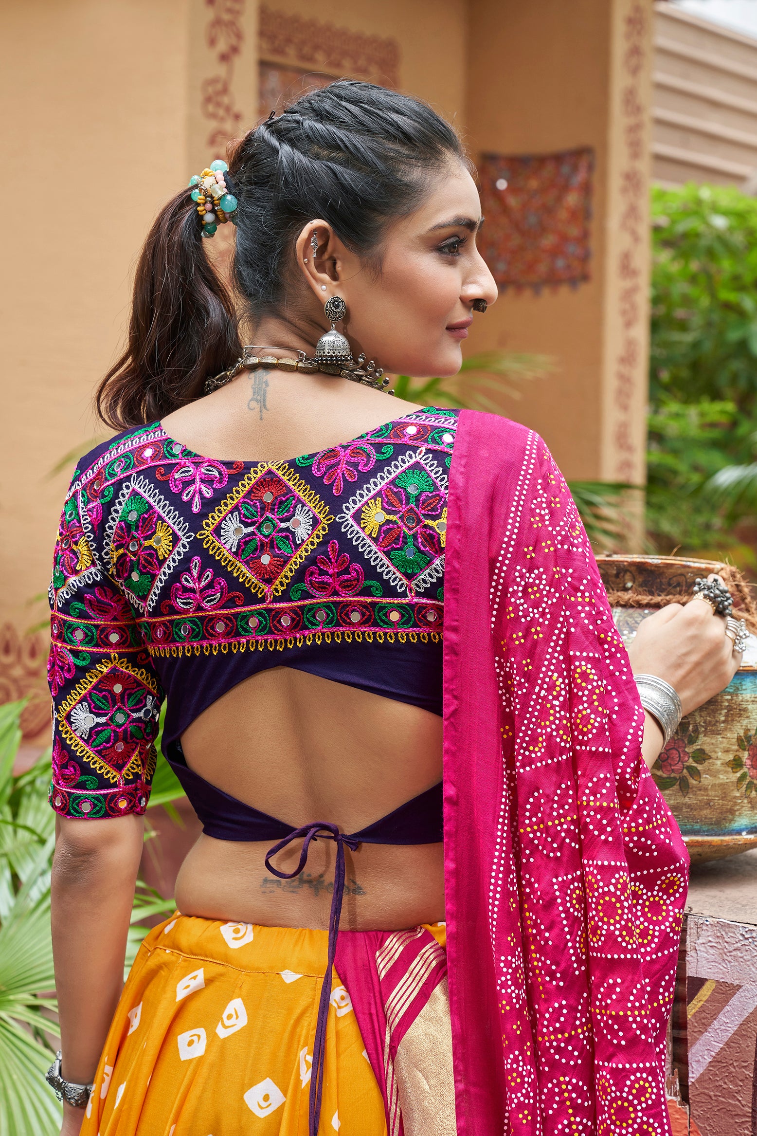 Navratri special Chaniya Choli with thread and mirror embroidery